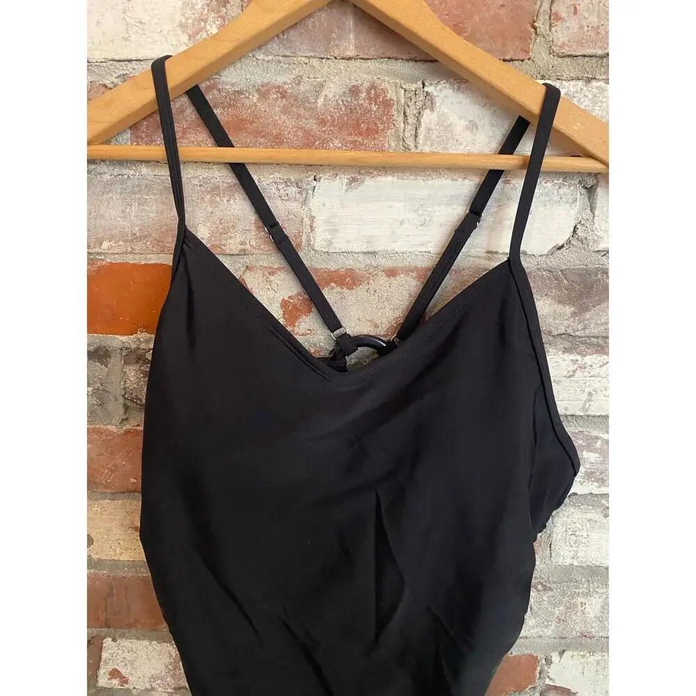 Black One-Piece Swimsuit Adjustable Cross-Back Straps Ring Detail Size L